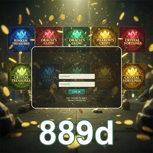 Tela de login do 889d com slots populares ao fundo.