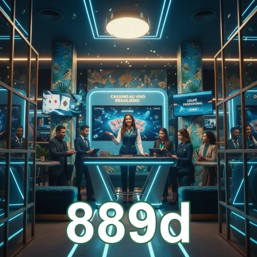 Cenário de cassino ao vivo da 889d com crupiê e jogadores.